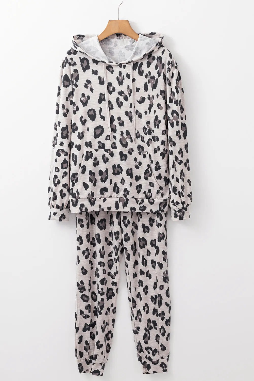 Khaki Leopard Print Drawstring Hoodie and Skinny Pants Lounge Set DL