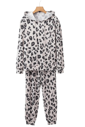 Leopard Print Drawstring Hoodie and Skinny Pants Lounge Set - Loungewear & Sleepwear/Loungewear