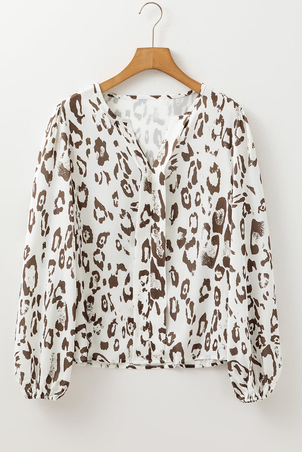 Khaki Leopard Print Split Neck Balloon Sleeve Blouse - eAura