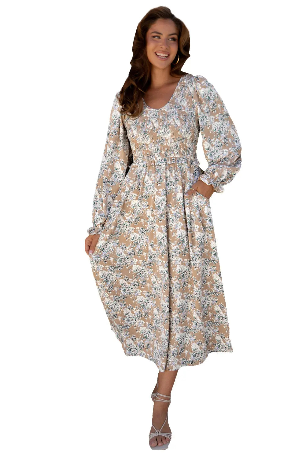 Khaki Maple Grove Floral Smocked Puff Sleeve Long Dress - eAura