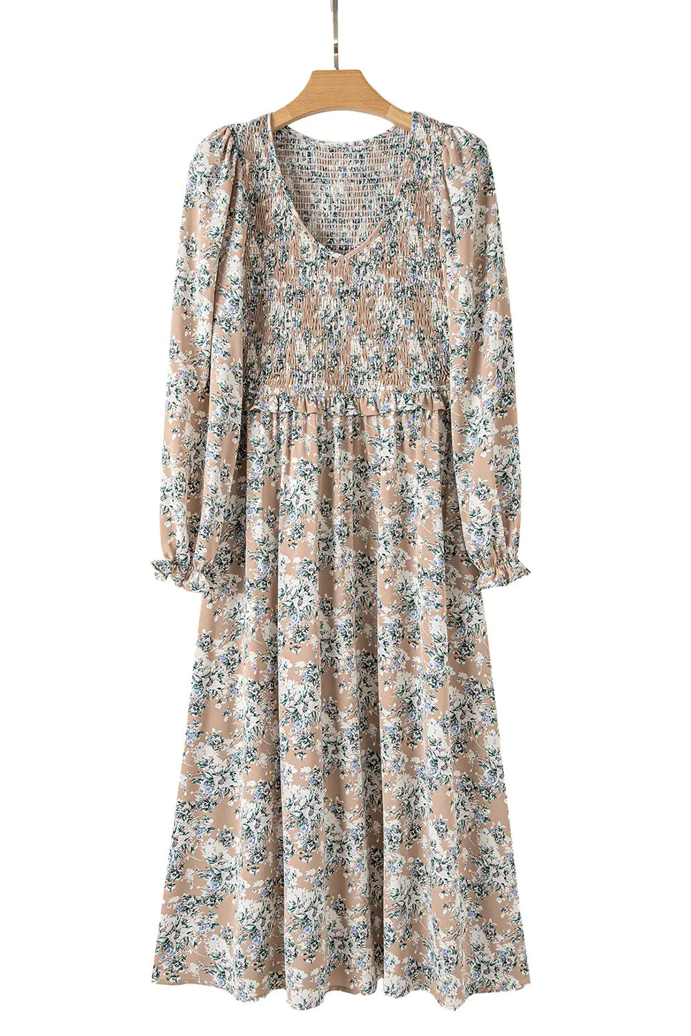 Khaki Maple Grove Floral Smocked Puff Sleeve Long Dress - eAura