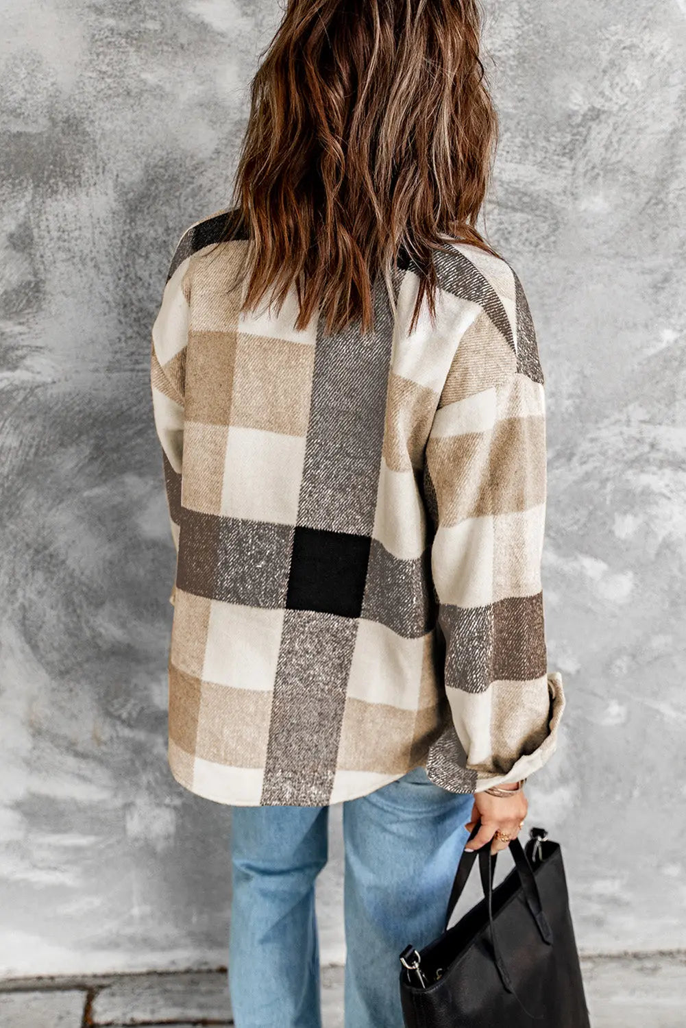 Khaki Plaid Colour Block Buttoned Long Sleeve Jacket with Pocket eAura