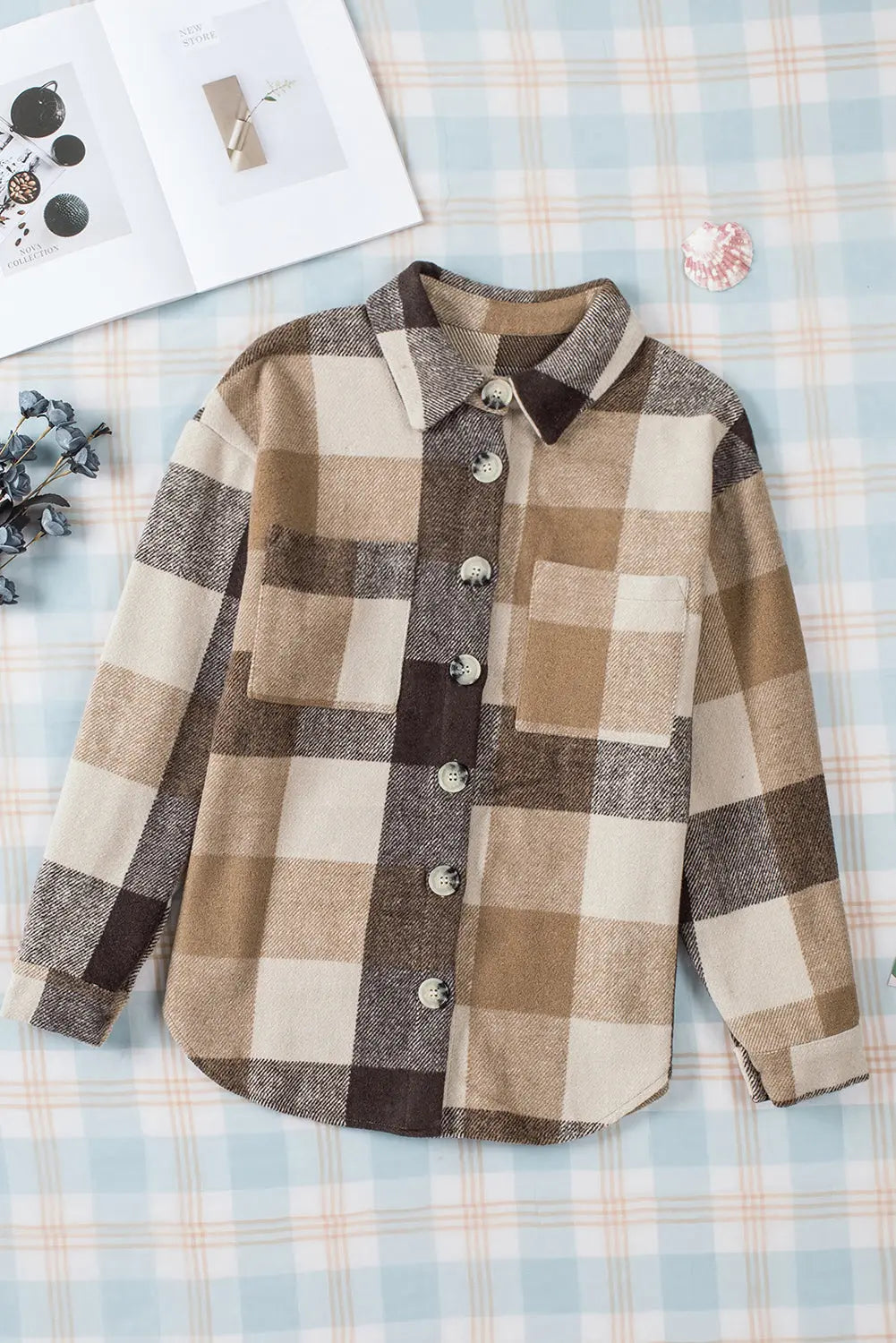 Khaki Plaid Colour Block Buttoned Long Sleeve Jacket with Pocket eAura