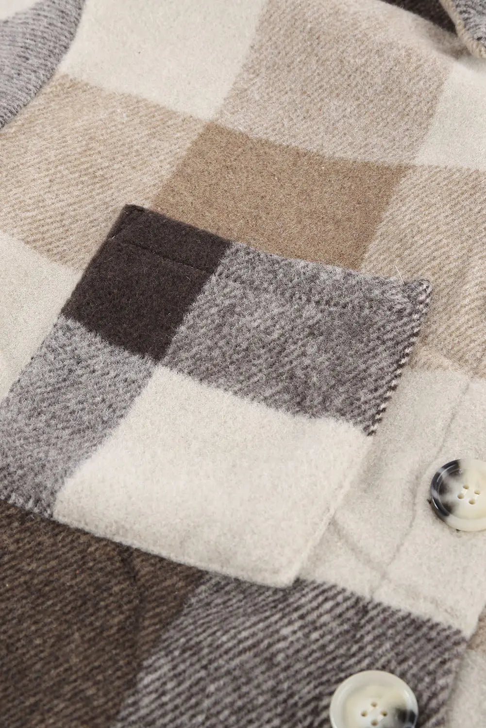 Khaki Plaid Colour Block Buttoned Long Sleeve Jacket with Pocket eAura