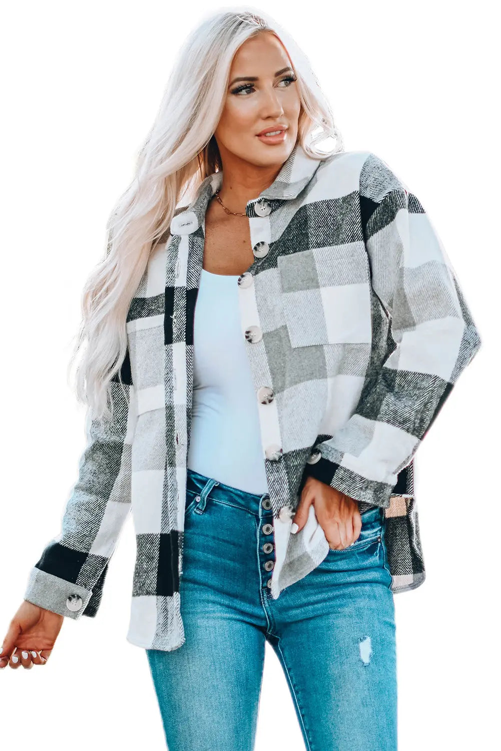 Khaki Plaid Colour Block Buttoned Long Sleeve Jacket with Pocket eAura