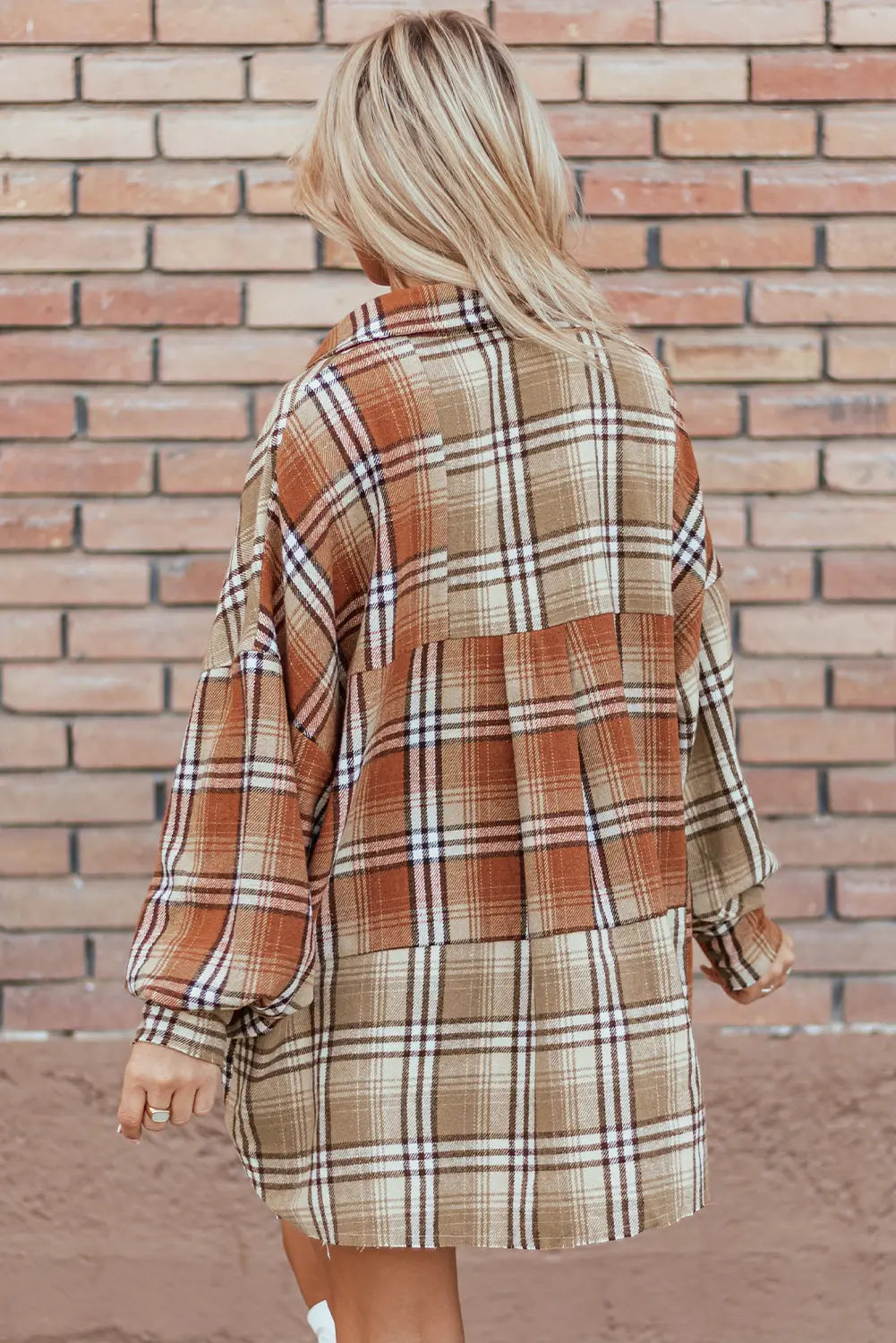 Khaki Plaid Colourblock Patchwork High Low Shacket eAura