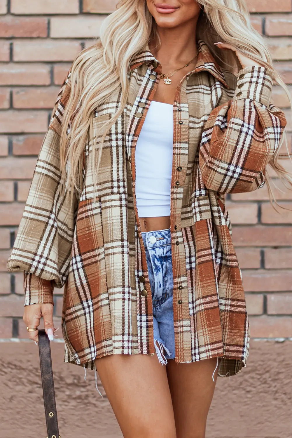 Khaki Plaid Colourblock Patchwork High Low Shacket eAura