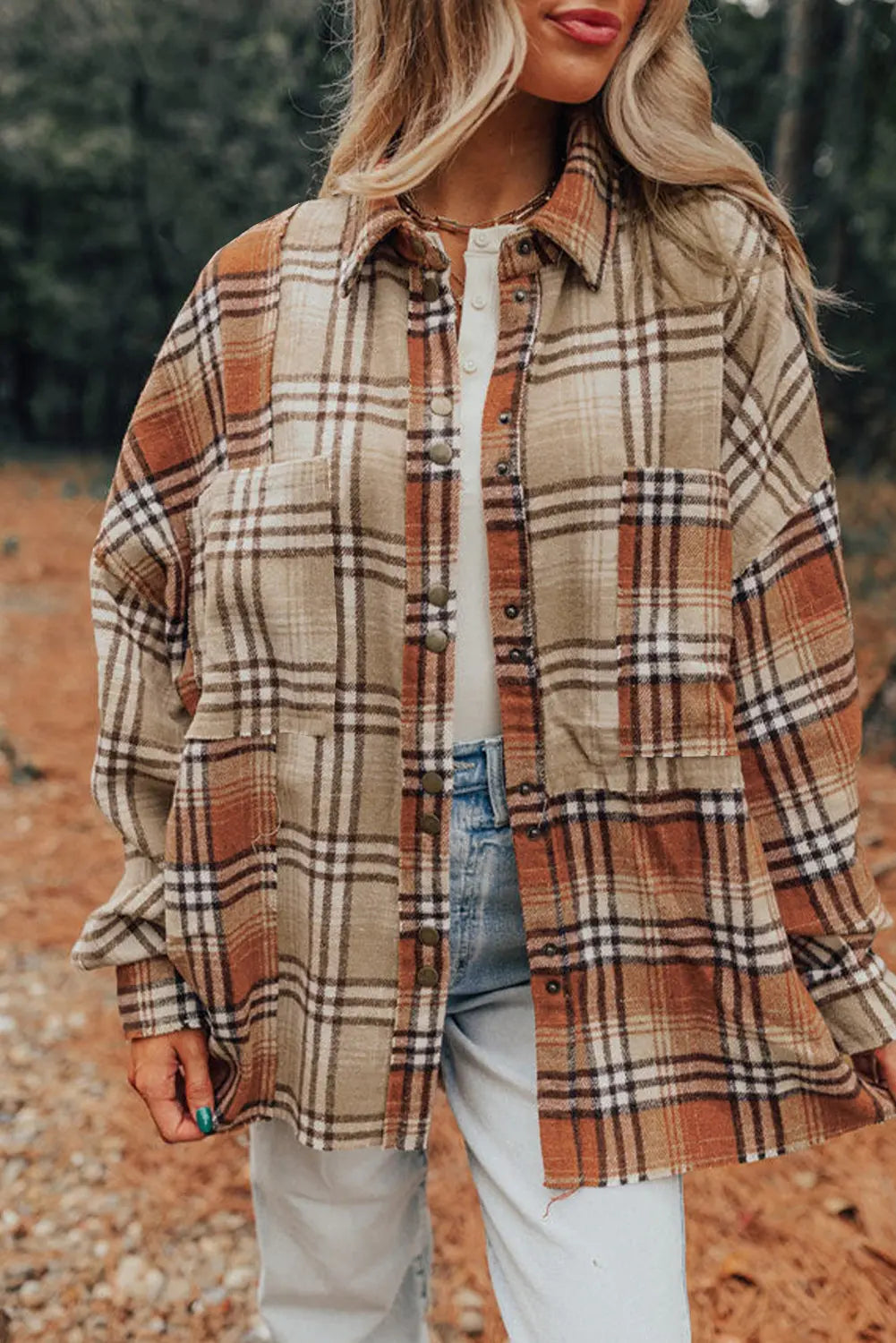 Khaki Plaid Colourblock Patchwork High Low Shacket eAura