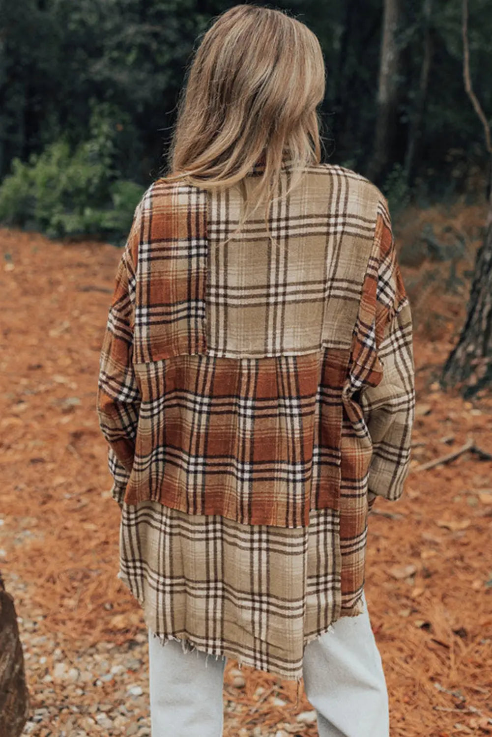 Khaki Plaid Colourblock Patchwork High Low Shacket eAura