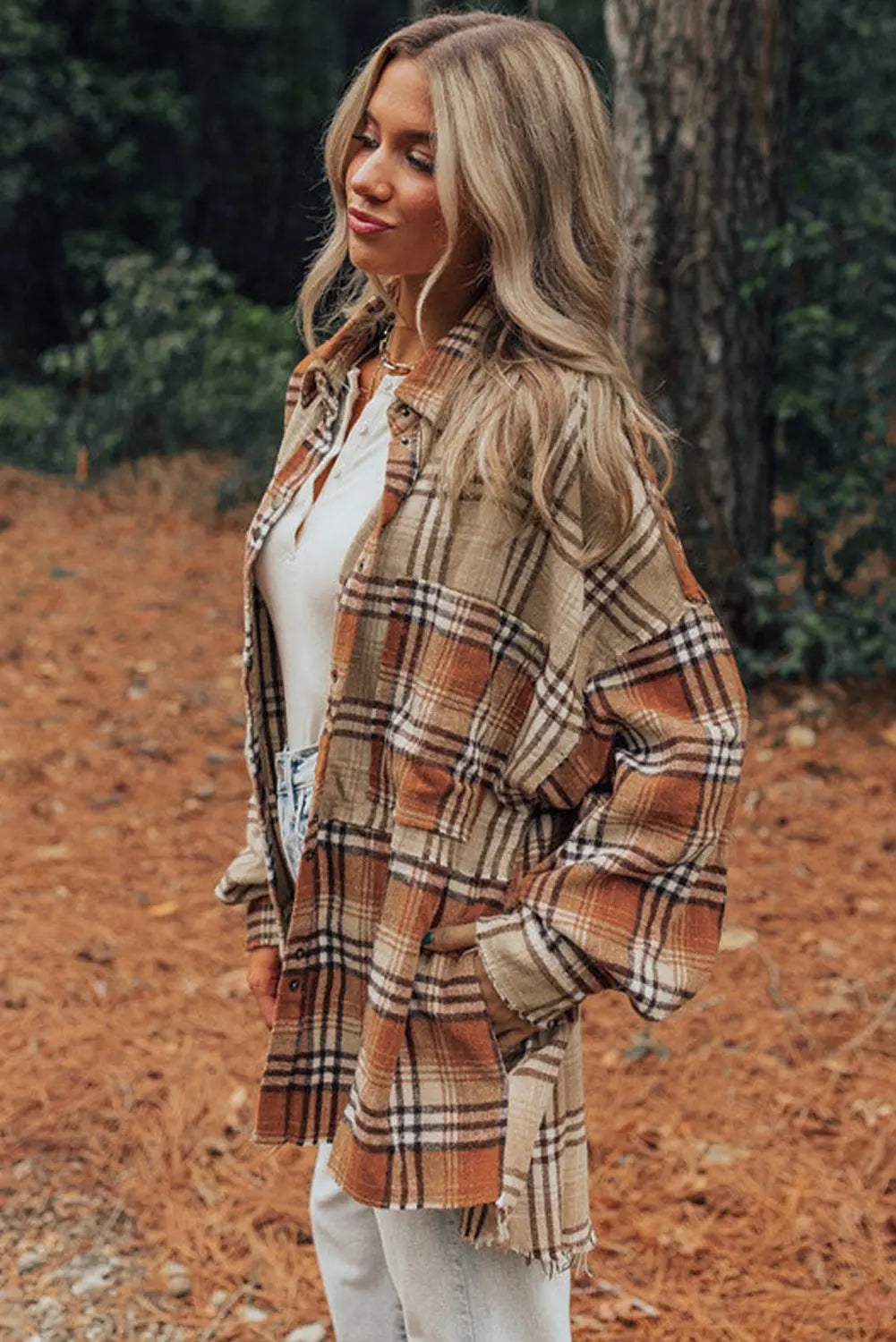 Khaki Plaid Colourblock Patchwork High Low Shacket eAura