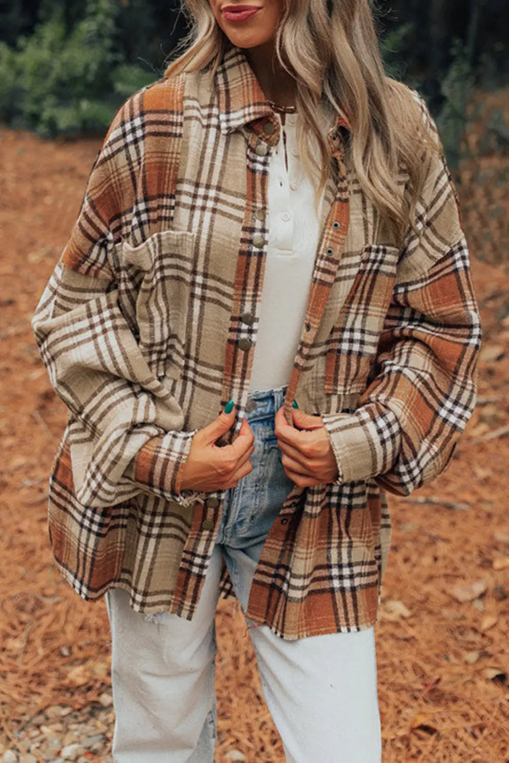 Khaki Plaid Colourblock Patchwork High Low Shacket eAura