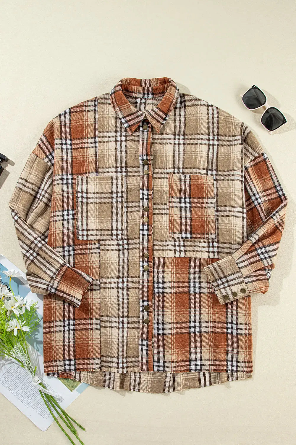 Khaki Plaid Colourblock Patchwork High Low Shacket eAura