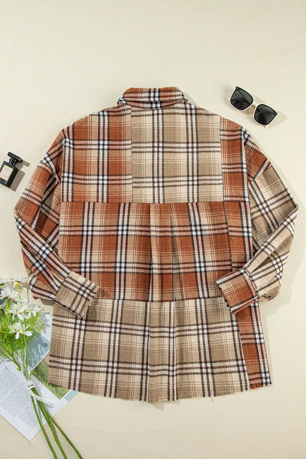 Khaki Plaid Colourblock Patchwork High Low Shacket eAura