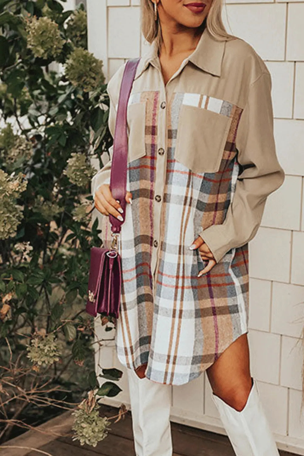 Khaki Plaid Patchwork Long Sleeve Shirt Mini Dress - eAura