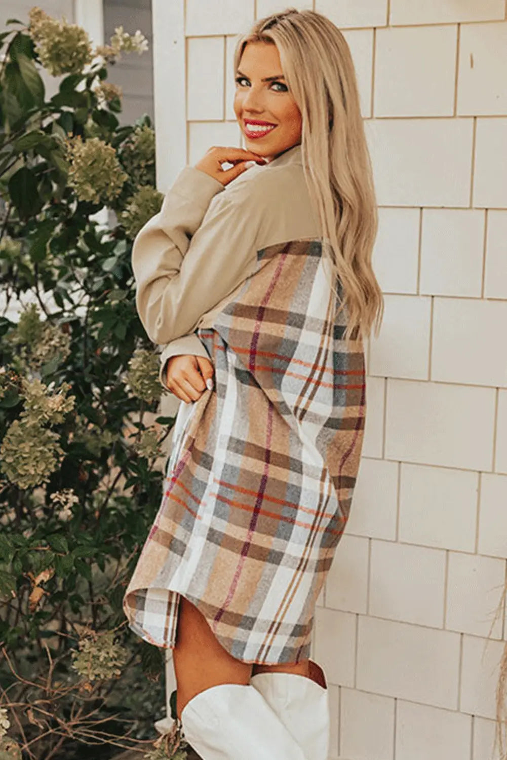 Khaki Plaid Patchwork Long Sleeve Shirt Mini Dress - eAura