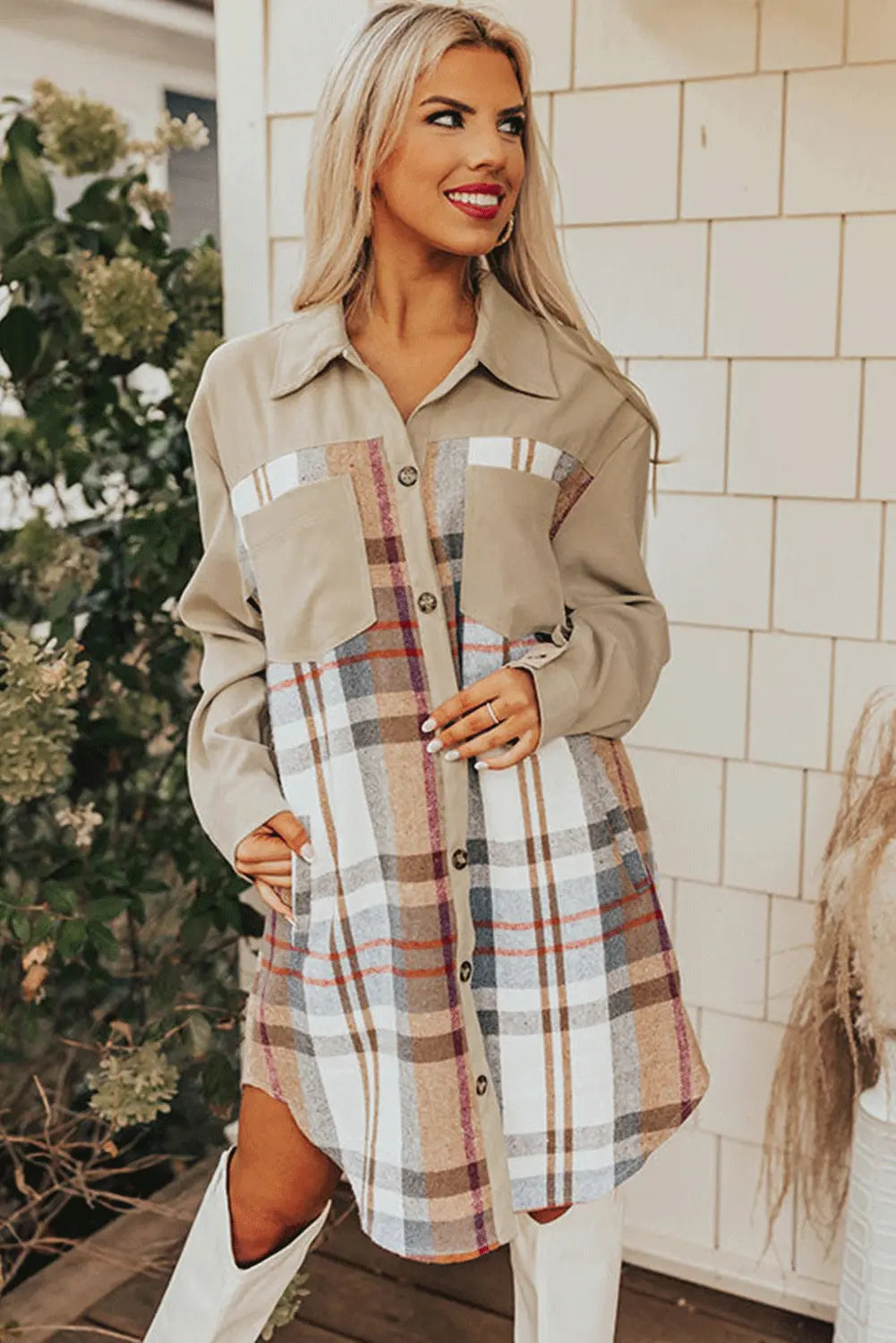 Khaki Plaid Patchwork Long Sleeve Shirt Mini Dress - eAura