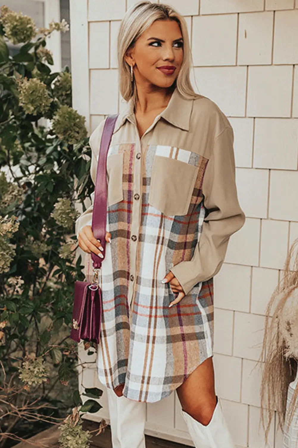 Khaki Plaid Patchwork Long Sleeve Shirt Mini Dress - eAura