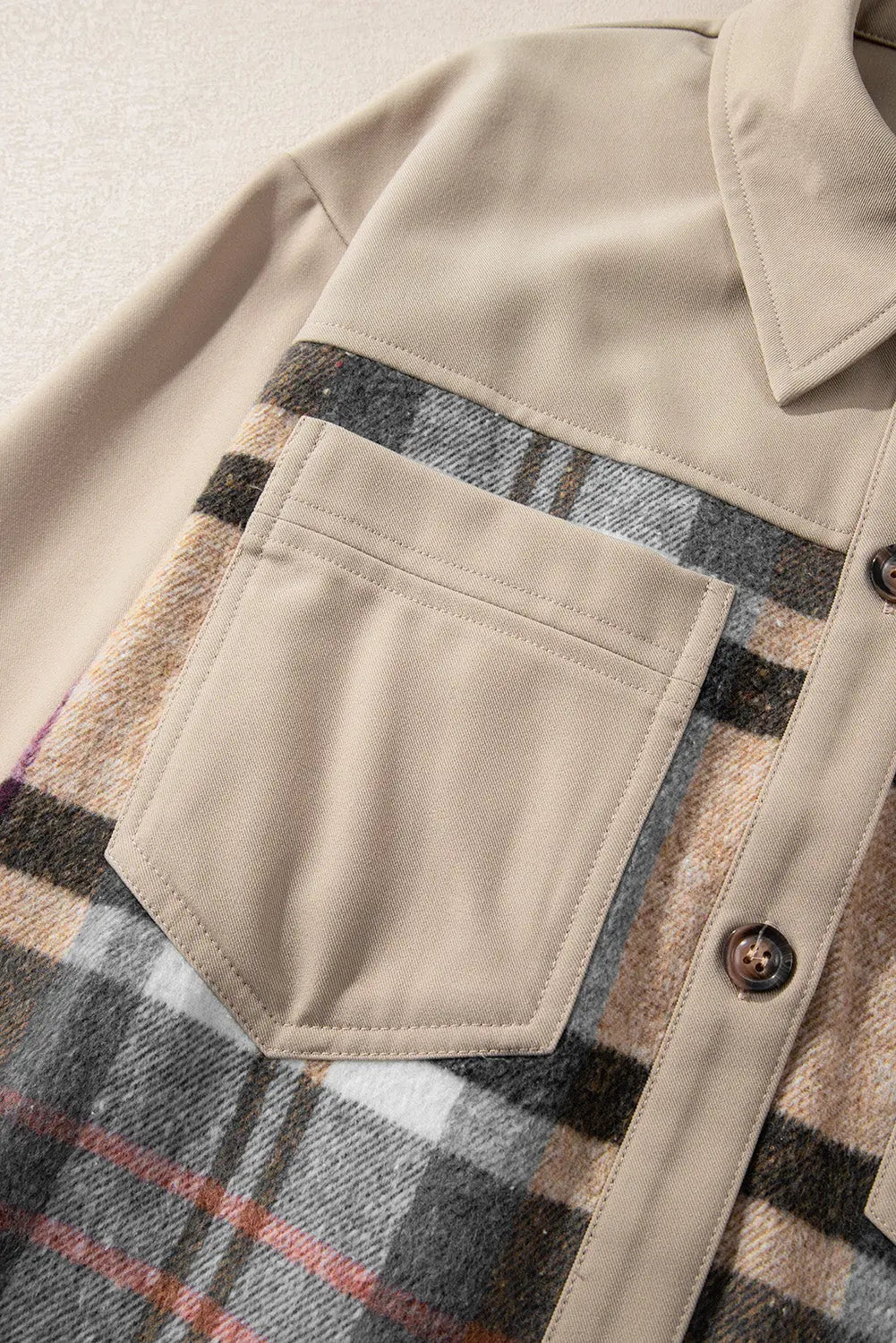 Khaki Plaid Patchwork Long Sleeve Shirt Mini Dress - eAura