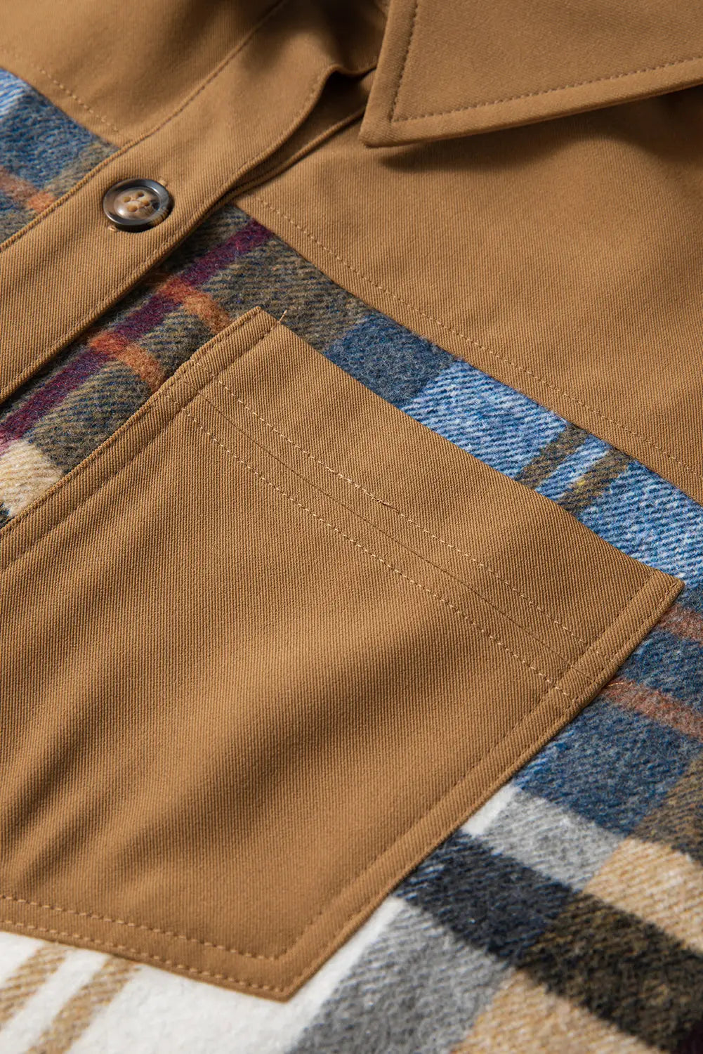 Khaki Plaid Patchwork Long Sleeve Shirt Mini Dress - eAura