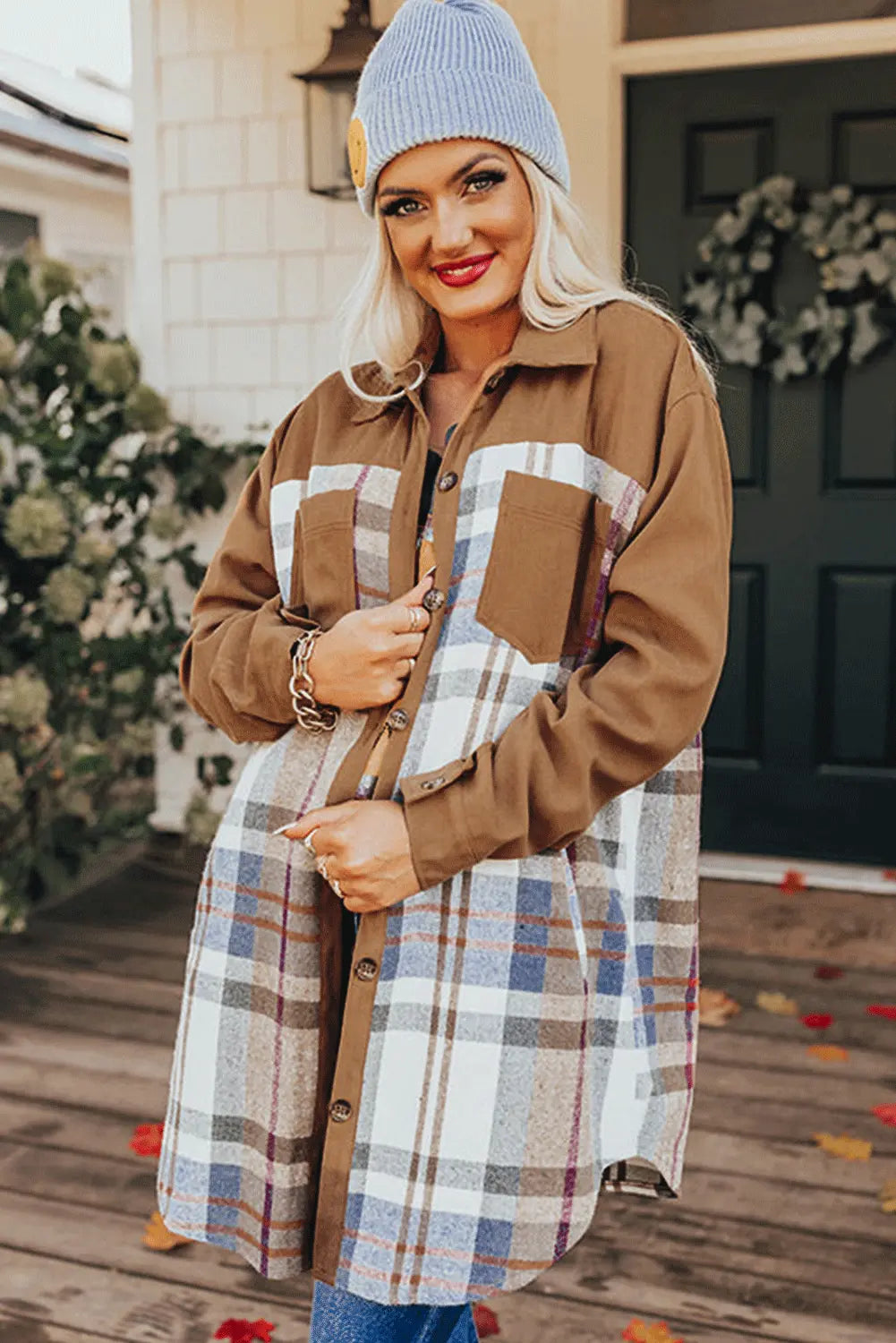 Khaki Plaid Patchwork Long Sleeve Shirt Mini Dress - eAura