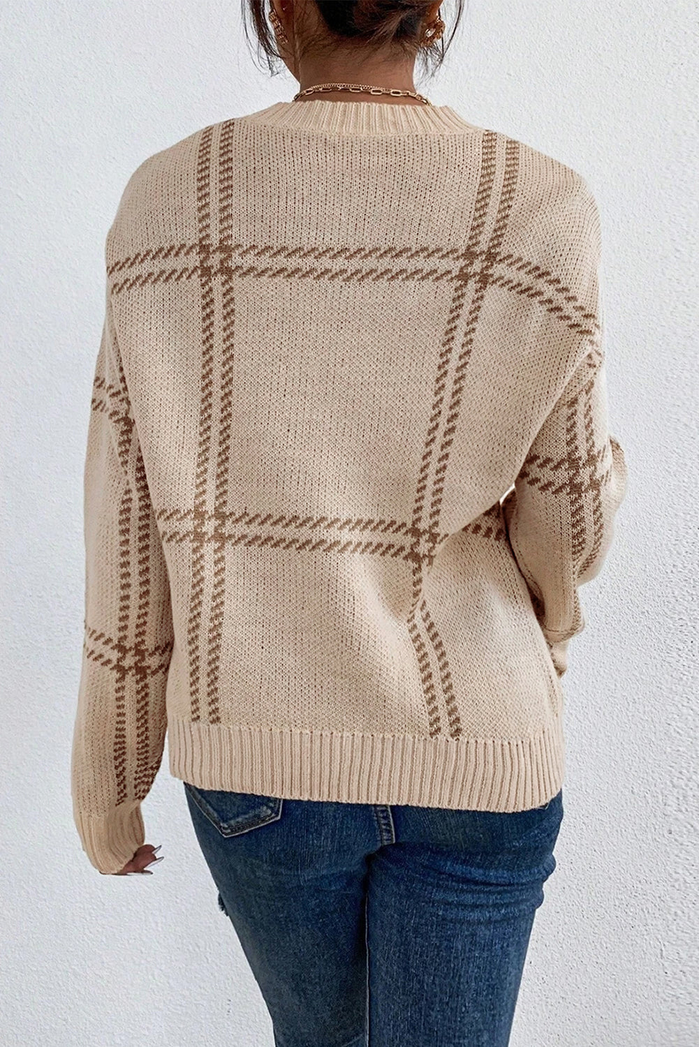 Khaki Plaid Pattern Knitted Drop Shoulder Sweater - eAura