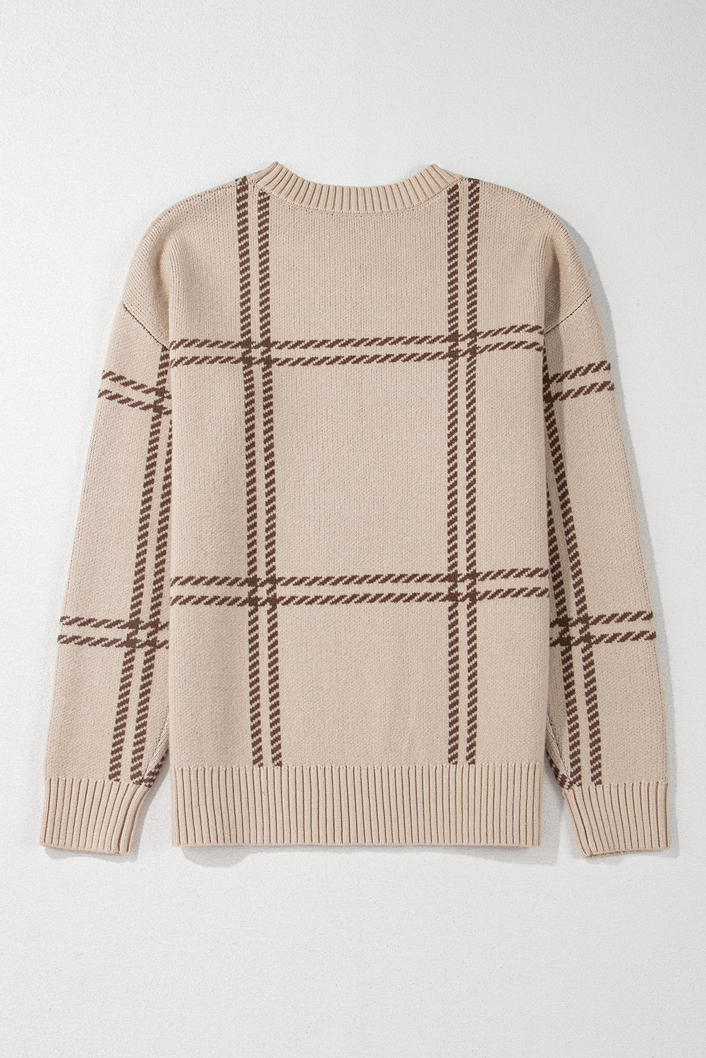 Khaki Plaid Pattern Knitted Drop Shoulder Sweater - Sweaters & Cardigans/Sweaters