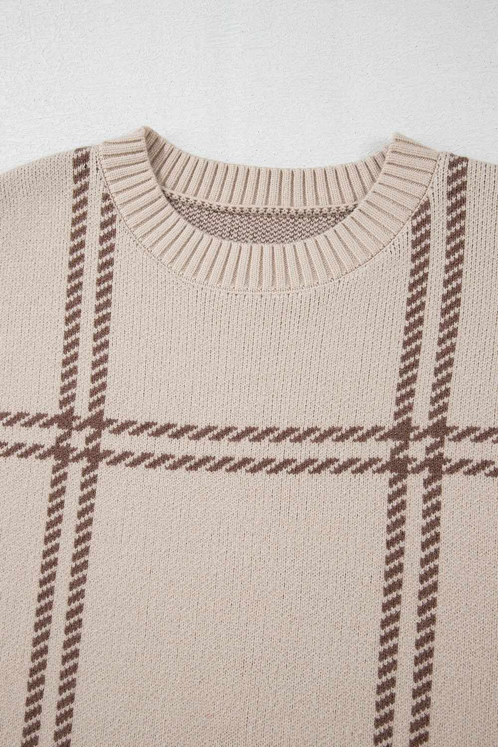 Khaki Plaid Pattern Knitted Drop Shoulder Sweater - Sweaters & Cardigans/Sweaters