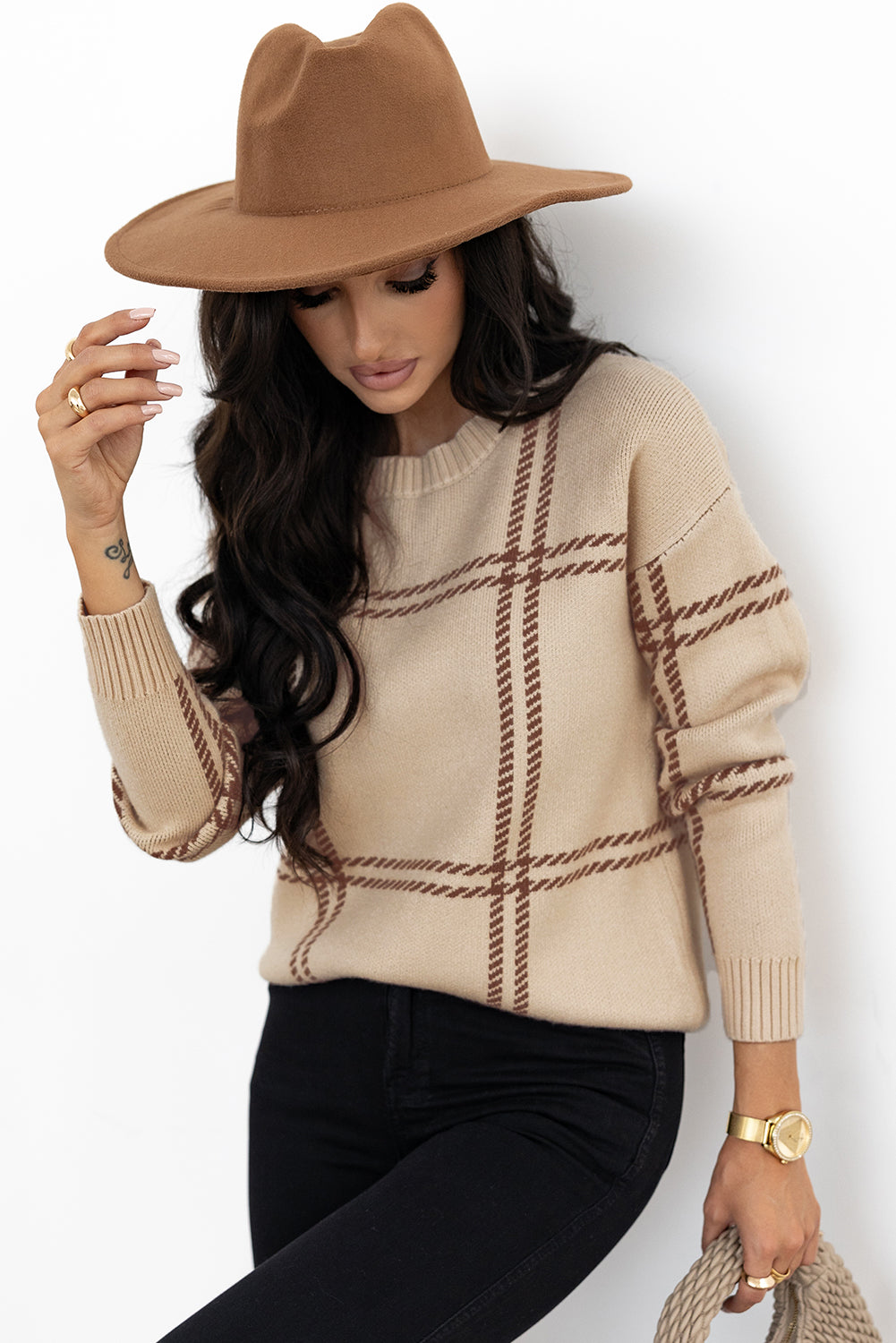 Khaki Plaid Pattern Knitted Drop Shoulder Sweater - Sweaters & Cardigans/Sweaters