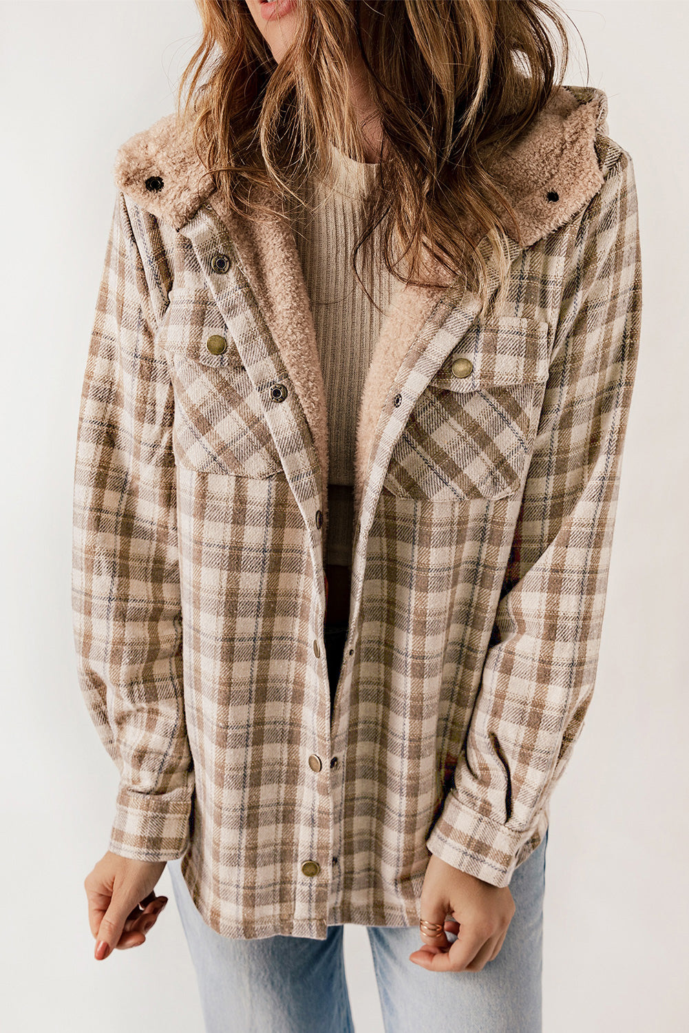 Khaki Plaid Pattern Sherpa Lined Hooded Shacket - eAura