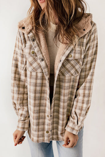 Khaki Plaid Pattern Sherpa Lined Hooded Shacket - Outerwear/Plaid Shackets