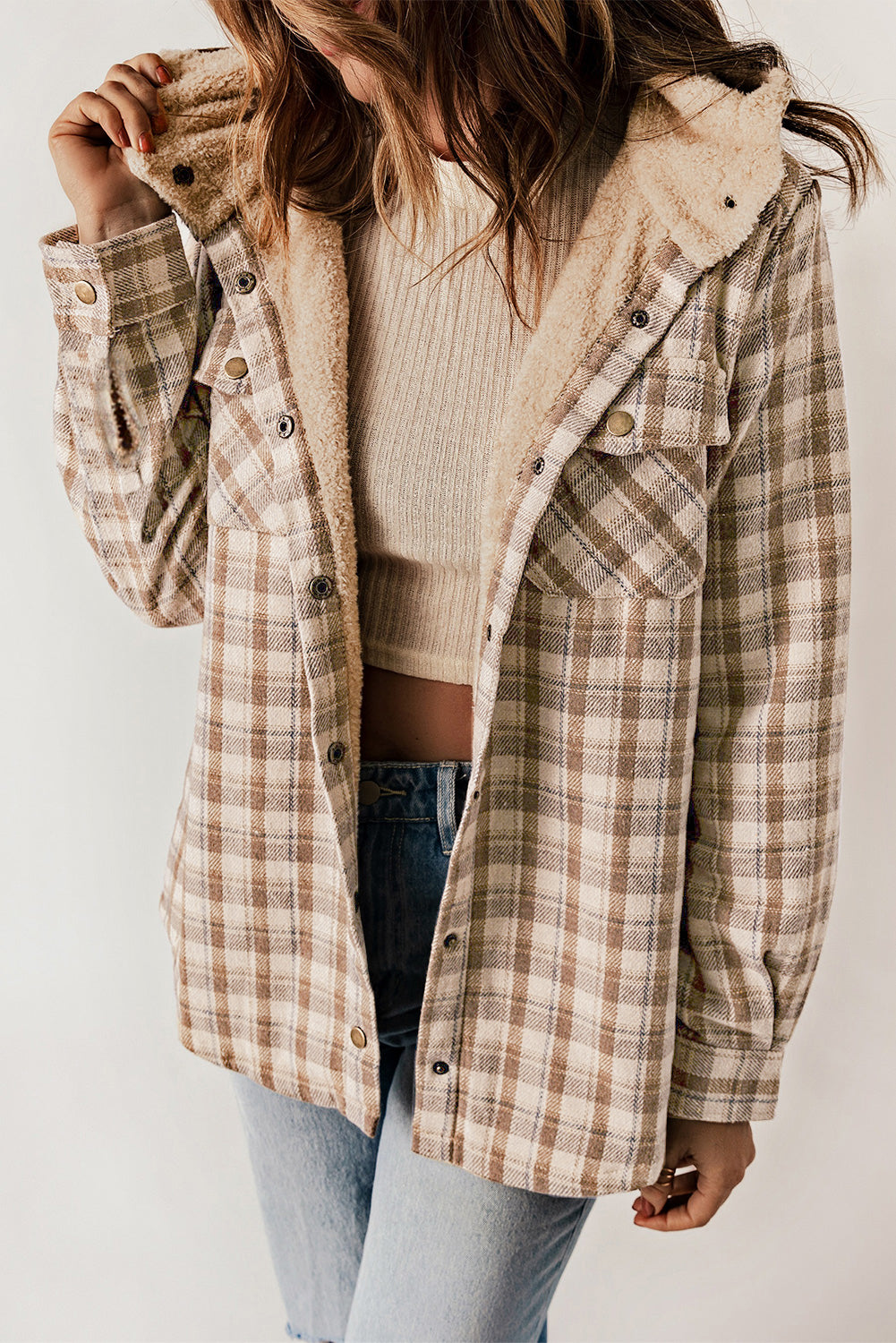 Khaki Plaid Pattern Sherpa Lined Hooded Shacket - Outerwear/Plaid Shackets