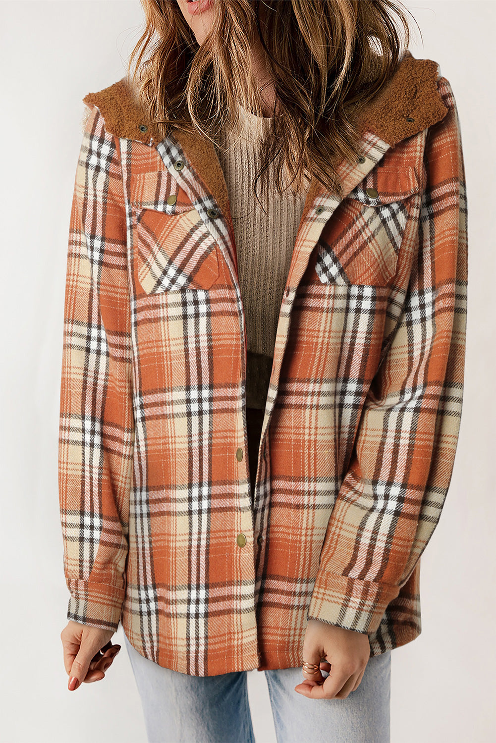 Khaki Plaid Pattern Sherpa Lined Hooded Shacket - Outerwear/Plaid Shackets