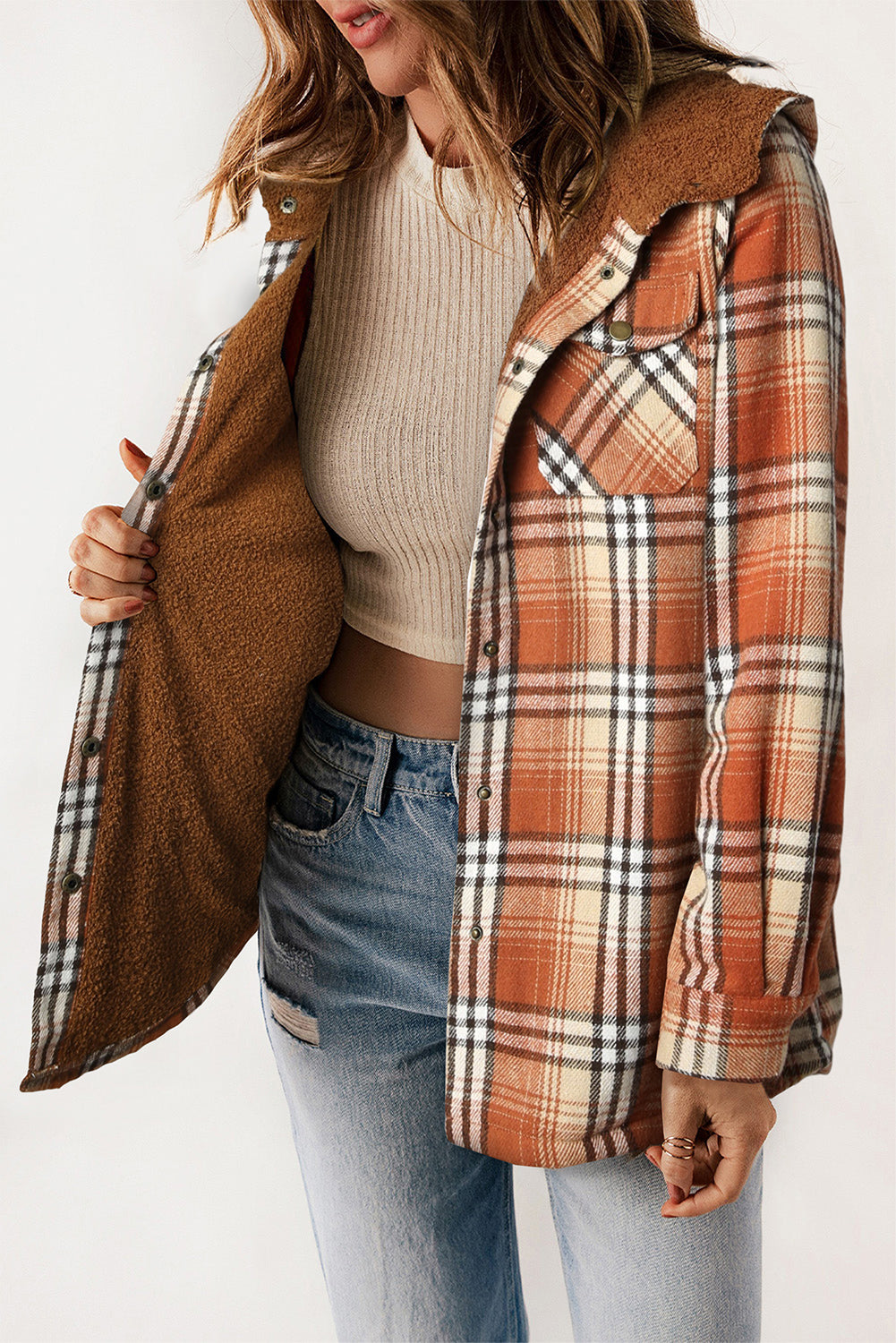 Khaki Plaid Pattern Sherpa Lined Hooded Shacket - Outerwear/Plaid Shackets