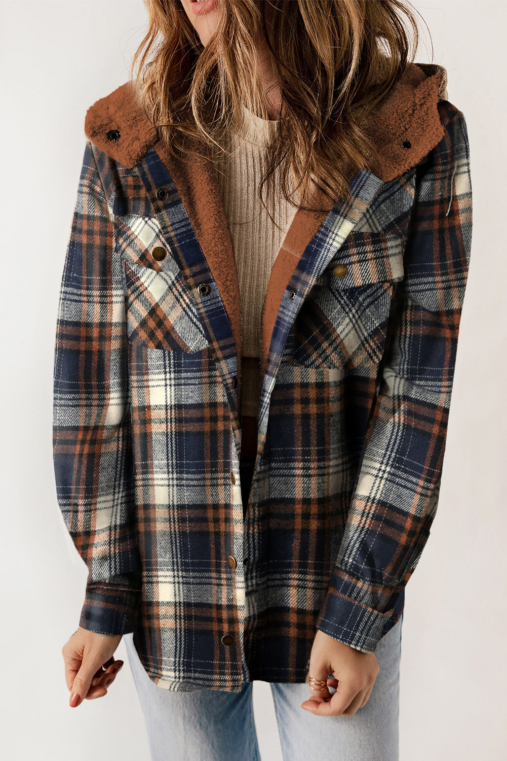Khaki Plaid Pattern Sherpa Lined Hooded Shacket - BLUE-2 / S / 100% POLYESTER - Outerwear/Plaid Shackets