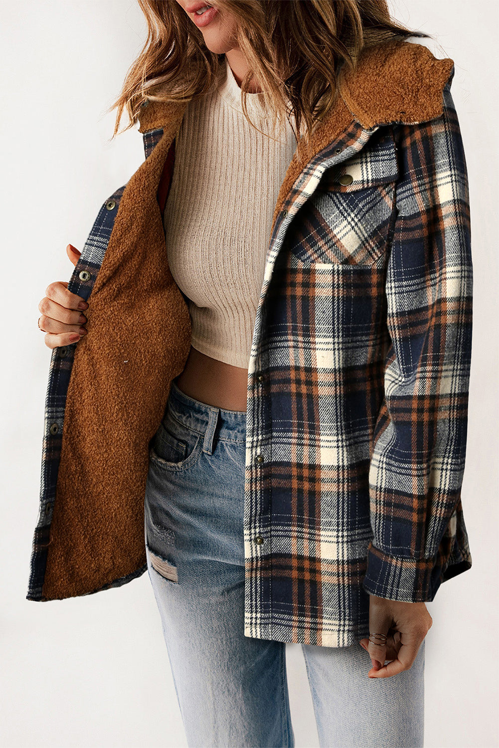 Khaki Plaid Pattern Sherpa Lined Hooded Shacket - Outerwear/Plaid Shackets