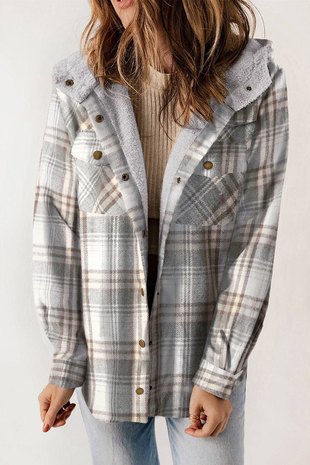 Khaki Plaid Pattern Sherpa Lined Hooded Shacket - Outerwear/Plaid Shackets