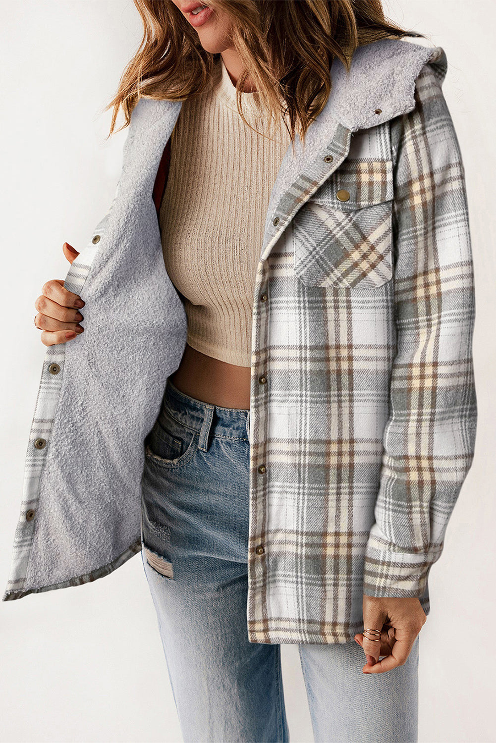 Khaki Plaid Pattern Sherpa Lined Hooded Shacket - Outerwear/Plaid Shackets