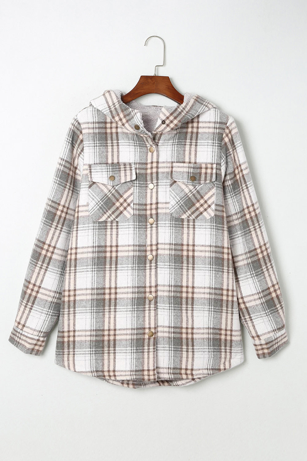Khaki Plaid Pattern Sherpa Lined Hooded Shacket - Outerwear/Plaid Shackets