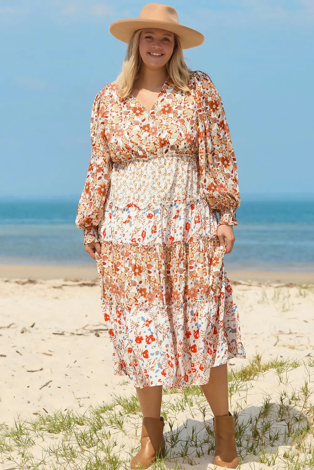 Khaki Plus Size Floral Tiered Ruffle Maxi Dress Beagle Boutique Fashion Outlet