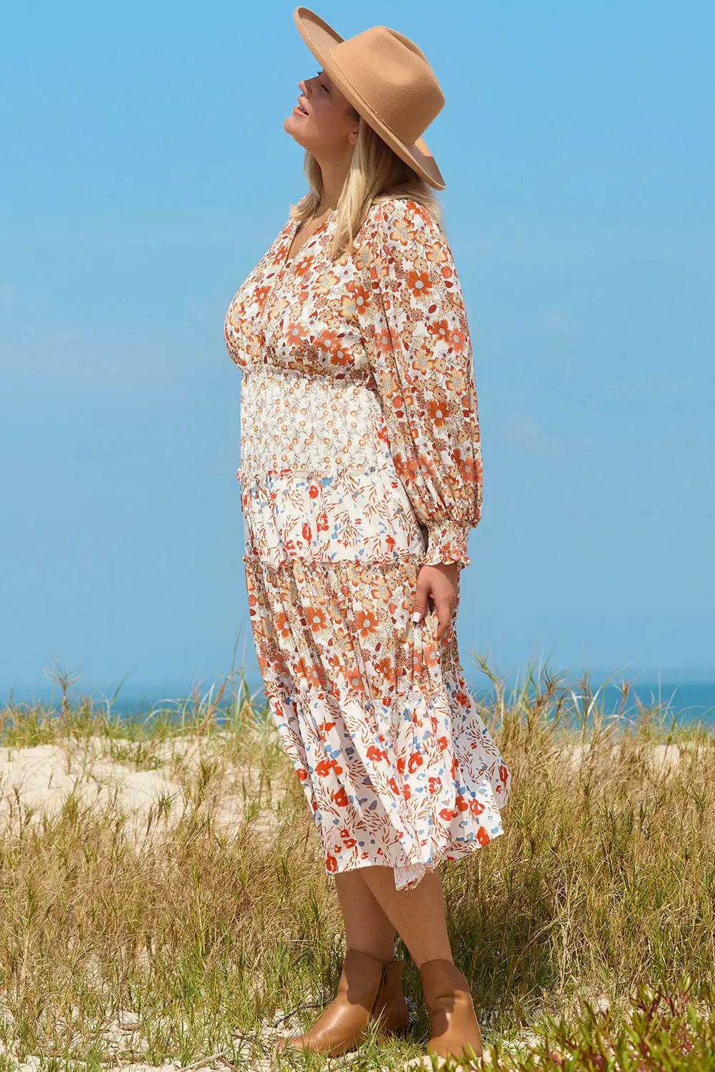 Khaki Plus Size Floral Tiered Ruffle Maxi Dress Beagle Boutique Fashion Outlet