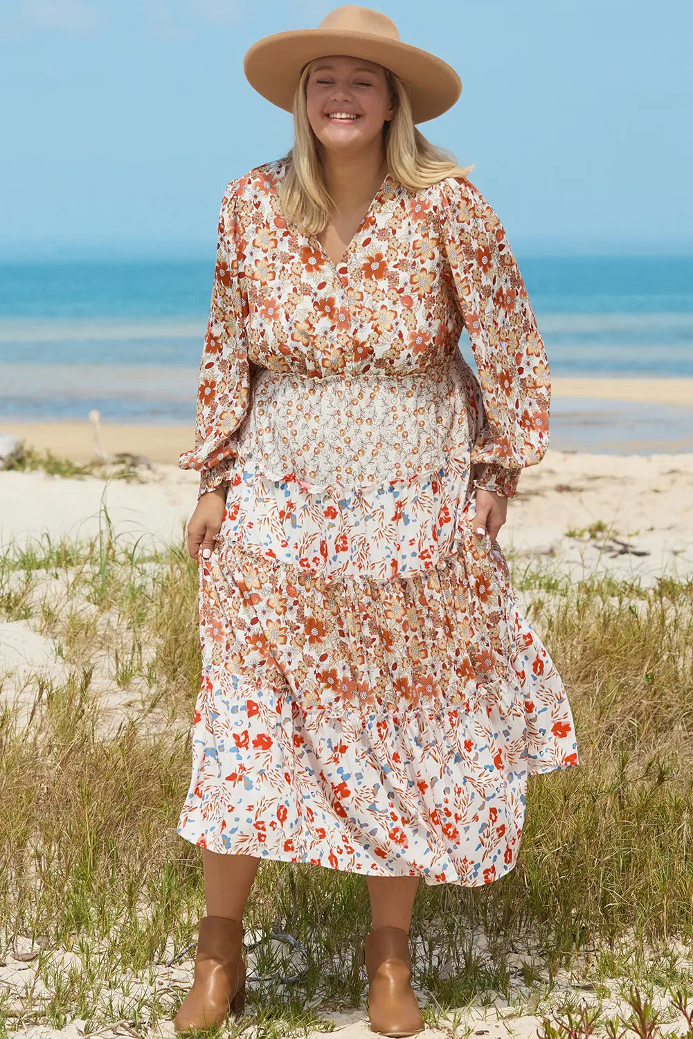 Khaki Plus Size Floral Tiered Ruffle Maxi Dress Beagle Boutique Fashion Outlet