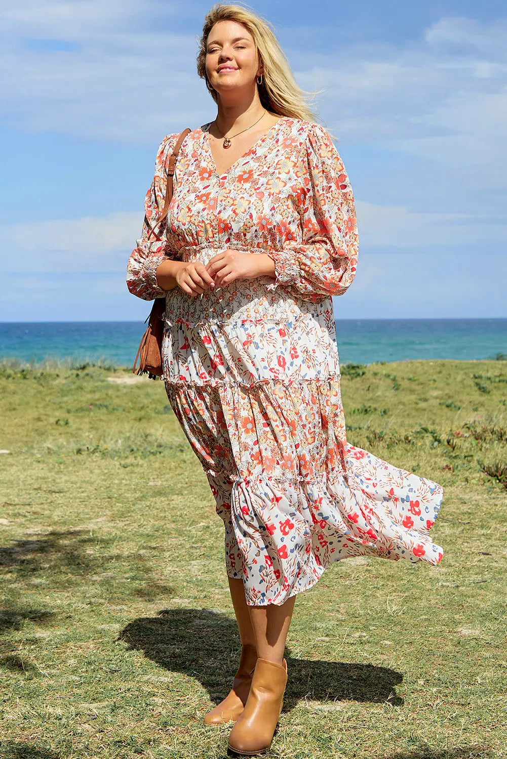 Khaki Plus Size Floral Tiered Ruffle Maxi Dress Beagle Boutique Fashion Outlet