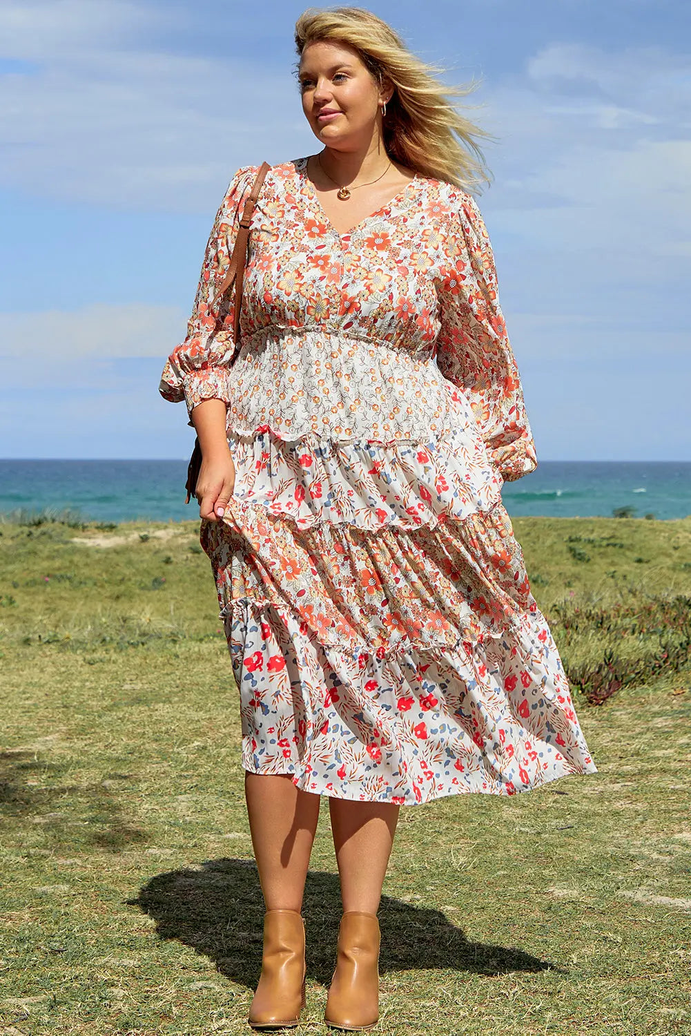 Khaki Plus Size Floral Tiered Ruffle Maxi Dress Beagle Boutique Fashion Outlet