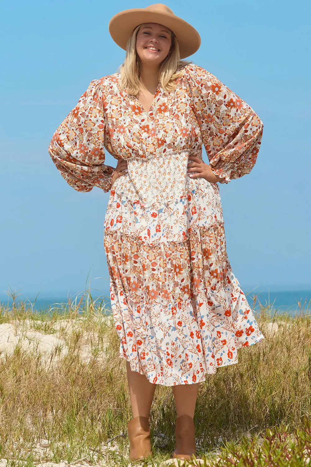 Khaki Plus Size Floral Tiered Ruffle Maxi Dress Beagle Boutique Fashion Outlet
