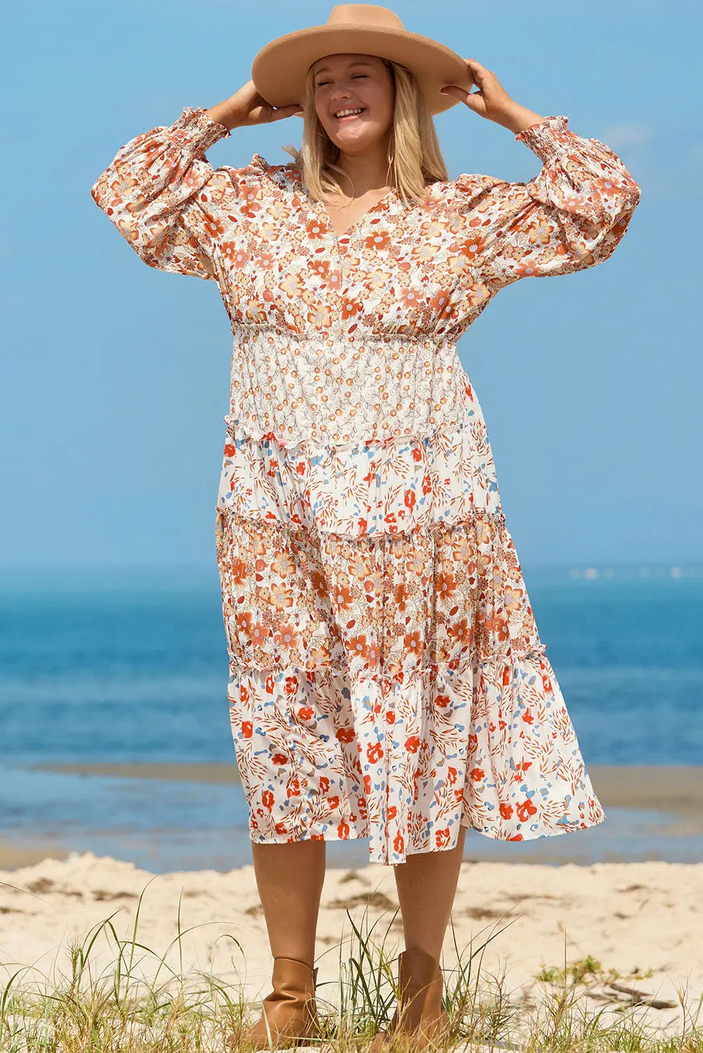 Khaki Plus Size Floral Tiered Ruffle Maxi Dress Beagle Boutique Fashion Outlet