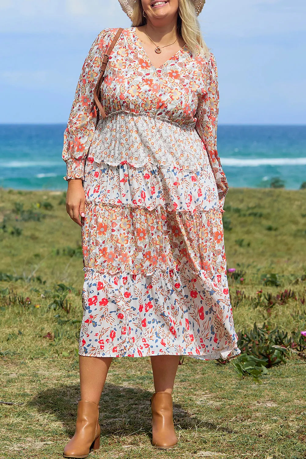 Khaki Plus Size Floral Tiered Ruffle Maxi Dress Beagle Boutique Fashion Outlet