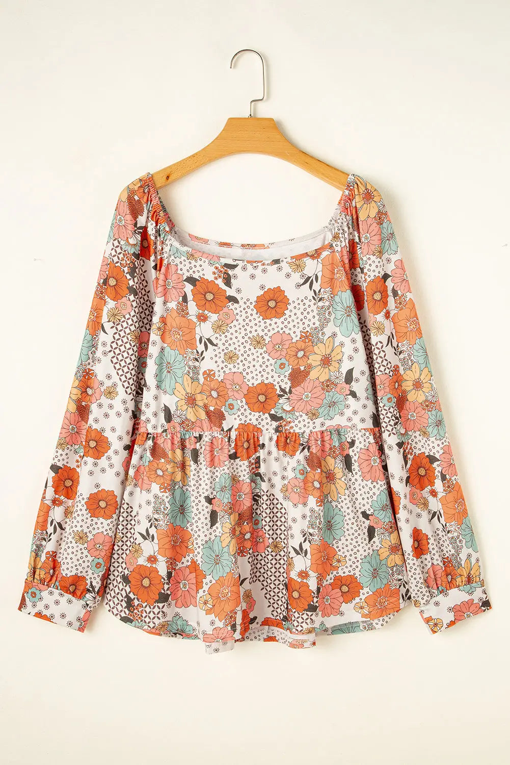 Khaki Plus Size Flower Print Square Neck Peplum Blouse - BB Fashion Outlet