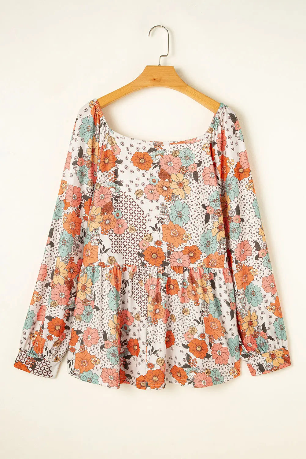 Khaki Plus Size Flower Print Square Neck Peplum Blouse - BB Fashion Outlet