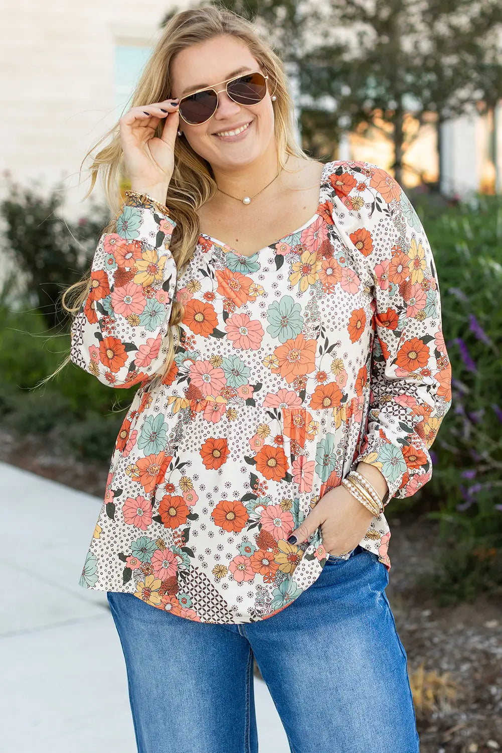 Khaki Plus Size Flower Print Square Neck Peplum Blouse - BB Fashion Outlet