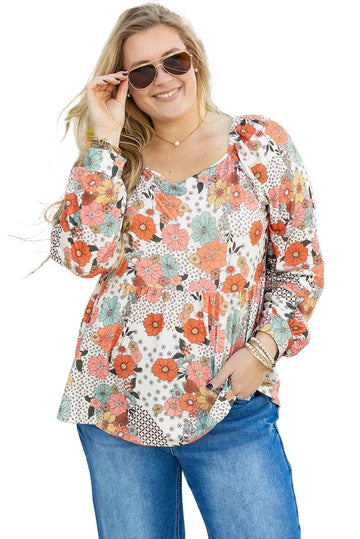 Khaki Plus Size Flower Print Square Neck Peplum Blouse - Size/Plus Tops